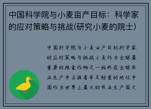 中国科学院与小麦亩产目标：科学家的应对策略与挑战(研究小麦的院士)