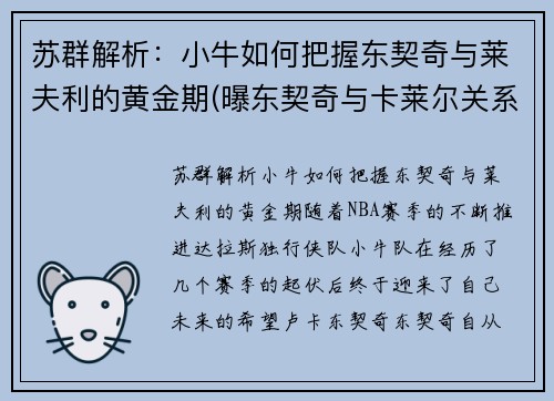 苏群解析：小牛如何把握东契奇与莱夫利的黄金期(曝东契奇与卡莱尔关系紧张)