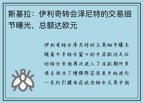 斯基拉：伊利奇转会泽尼特的交易细节曝光，总额达欧元