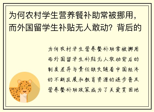 为何农村学生营养餐补助常被挪用，而外国留学生补贴无人敢动？背后的制度差异与责任缺失