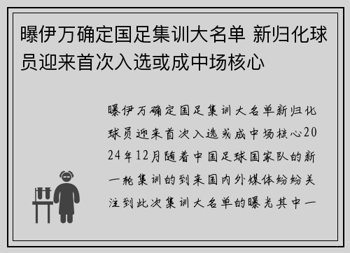 曝伊万确定国足集训大名单 新归化球员迎来首次入选或成中场核心