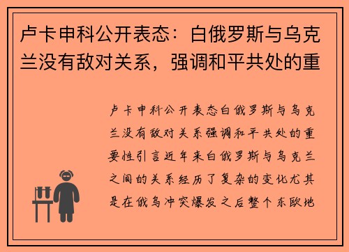 卢卡申科公开表态：白俄罗斯与乌克兰没有敌对关系，强调和平共处的重要性